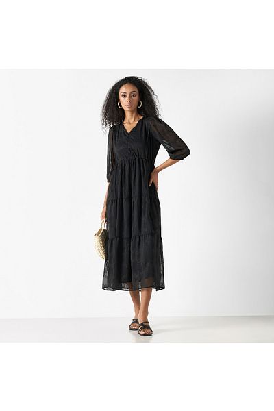 2Xtremz Embroidered V-neck A-line Midi Dress With Puff Sleeves