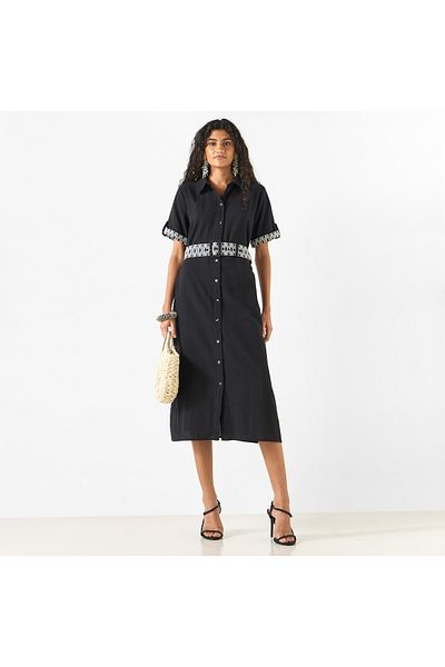 2Xtremz Embroidered Midi Shirt Dress With Collar And Adjustable Belt