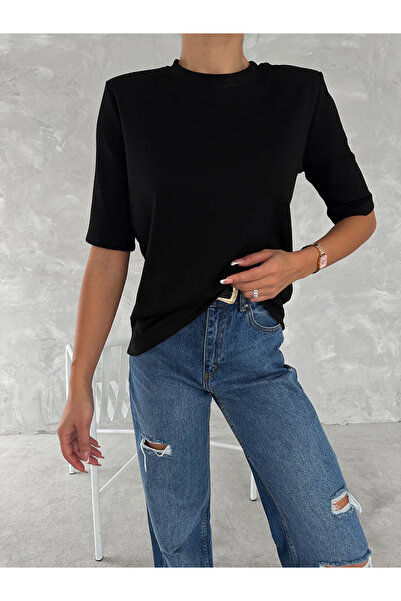 BE CHİC Women Short Sleeve Cycling Collar Shoulder Padded Modal Fabric Textured Loose Tshirt Ml4300