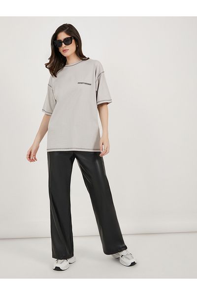 Styli Slogan Print Oversized Jersey T-Shirt with Stitch Detail