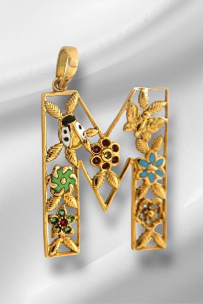 KRAFTIVA JEWELRY 14 Ayar Altın M Harfli Çiçekli Cennet Bahçesi Kolye Ucu