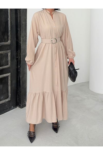 BEJNA Beigefarbenes, gewebtes Maxikleid für Damen mit Gürtel
