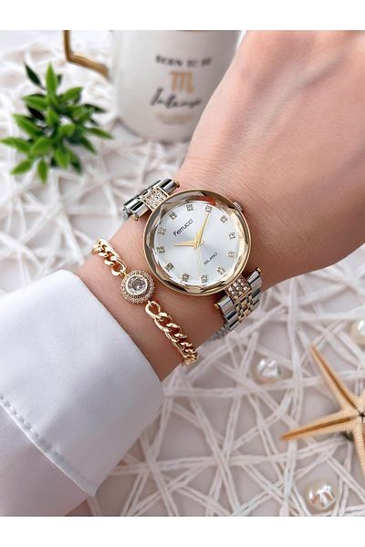 Ferrucci 3 Atm Women's Wrist Watch & Bracelet + 2 Years Guarantee Cutout Crystal Glass Steel Band