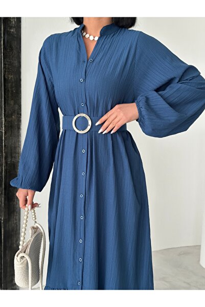 BEJNA Női indigó öves maxi szőtt ingruha