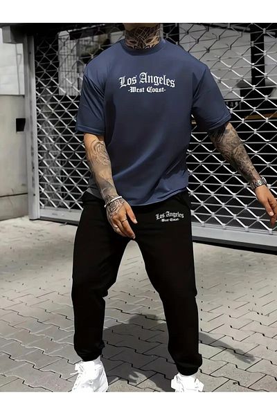 DAXİS Sportwear Company ΑΝΔΡΙΚΟ Σετ αθλητική φόρμα με στάμπα Λος Άντζελες Μπλουζάκι Jogger Sweatpants - Κοστούμι με κάτω μέρος