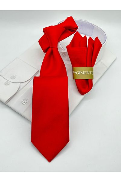 Gutiero Red Plain Classic Tie with Handkerchief