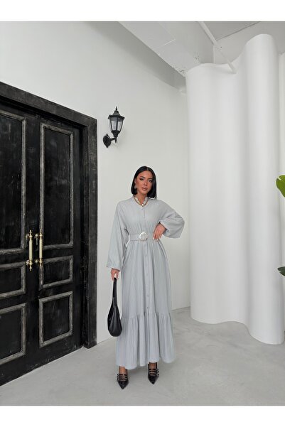 BEJNA Women's Gray Belted Maxi Woven Shirt Dress