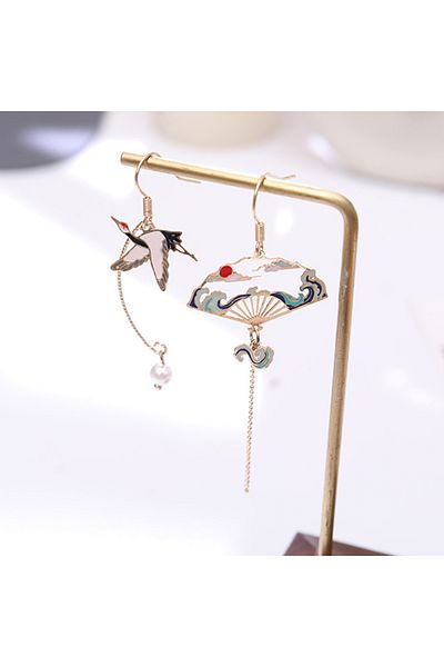 Choice ER21Y0386-1 Chinese Style Folding Fan Modeling Crane Cloud Hanging Dangle Earrings for Women Hollow