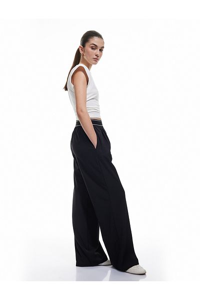 Koton High Waist Rubber Detailed Wide Straight Leg Striped Sweatpants