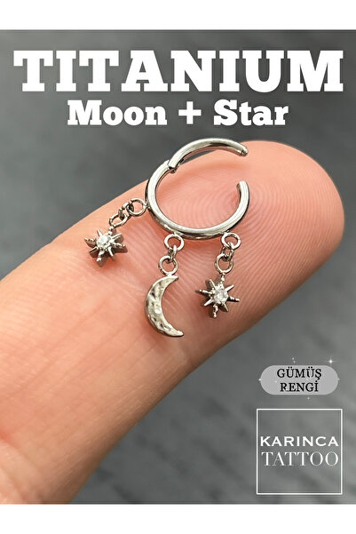 Karınca Piercing Premium Moon Star Yıldız Titanyum Piercing Klipsli Halka Tragus Kulak Nipple Burun Septum Helix Küpe