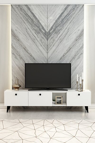 izcodesign Model Hera 180 cm Beyaz 3 Kapaklı Modern TV Ünitesi – Şık TV Sehpa...