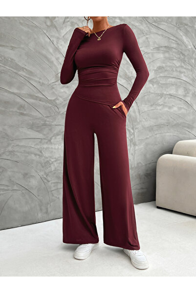 DY By Styli Boat Neck Fitted Top & Wide Leg Pants Co-Ords