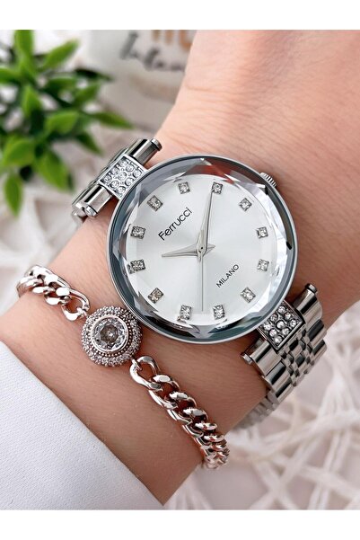Ferrucci Kesme Kristal Camlı Çelik Kordon 2 Yıl Garantili 3 Atm Kadın Kol Saati+Bileklik B01119.01