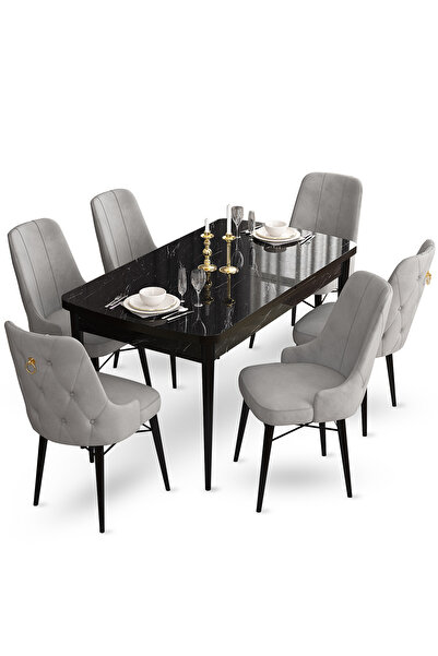 Canisa Concept Taç Serisi 80x132 Açılabilir Siyah Mermer Desen Masa Takımı Ve...