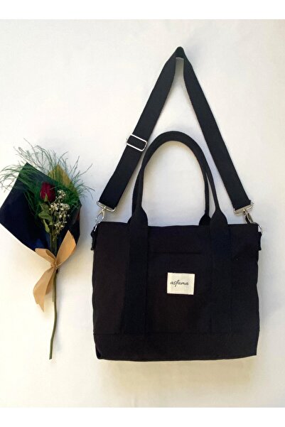 ASFAMA Büyük Boy Fermuarlı Kanvas Çanta Omuz Askılı Tote Bag