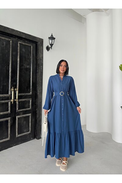 BEJNA Női indigó öves maxi szőtt ingruha