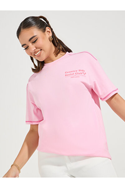 Styli Oversized Slogan Print Contrast Stitch T-Shirt with Dropped Shoulder