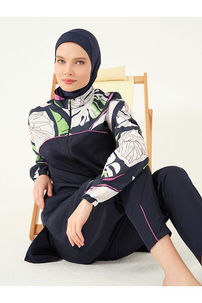 ALFASA Lian Bristle Bias Detailed Parachute Fabric Full Covered Hijab Swimsuit Navy Blue - 25289-25