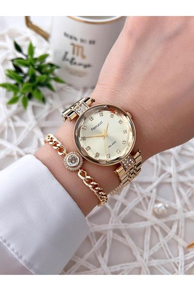 Ferrucci Cutout Crystal Glass Steel Band 2 Years Warranty 3 Atm Women's Wrist Watch+Bracelet B01119.02