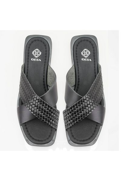 Desa Women's Black Knitted Printed Leather Slippers