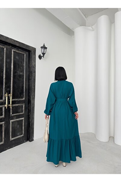 BEJNA Γυναικείο φόρεμα με μάξι υφαντό πουκάμισο με πράσινη ζώνη