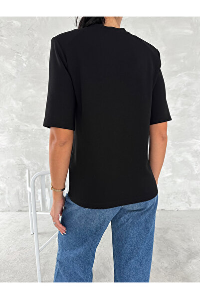 BE CHİC Women Short Sleeve Cycling Collar Shoulder Padded Modal Fabric Textured Loose Tshirt Ml4300