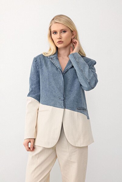 Olcay Blue-White Jacket, Jeans and Garnish Pants Suit 9269-Tk