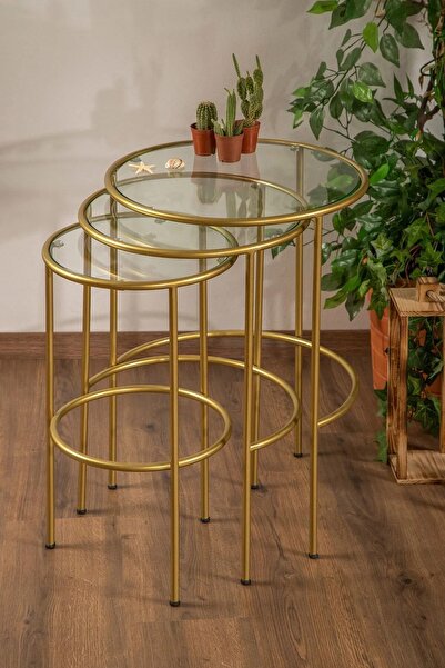 tino furniture Lotus Gold 3'lü Şeffaf Camlı Zigon Yan Sehpa