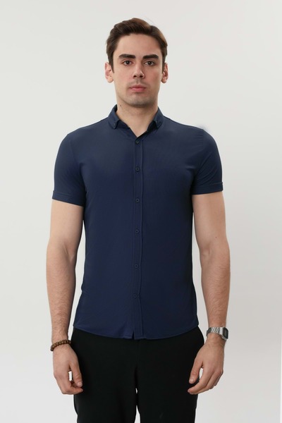 COONLESS ERKEK ÇOK LİKRALI KISA KOL GÖMLEK Saks Mavi