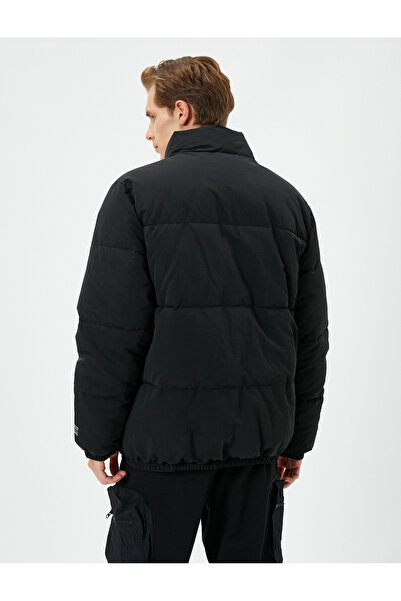 Koton Puffer Jacket Stand Collar Zipper Pocket Detailed Slogan Printed
