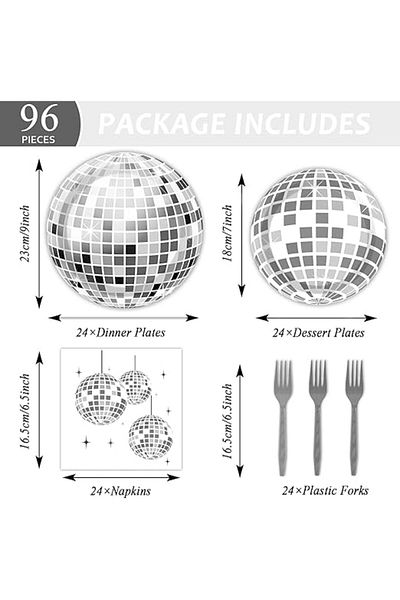 COOYA 96 Pieces Disco Plates and Napkins Set, 70s Disco Ball Party Supplies