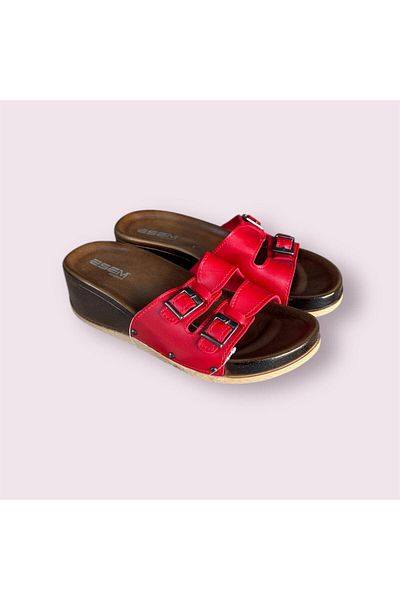 Esem Women's Red Wedges Double Buckle Slippers