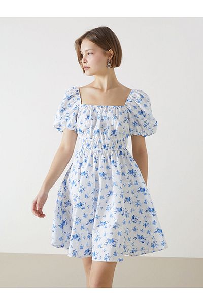 LC Waikiki Rochie de damă cu guler pătrat albastru cu flori