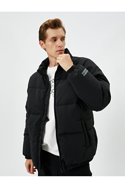 Koton Puffer Jacket Stand Collar Zipper Pocket Detailed Slogan Printed