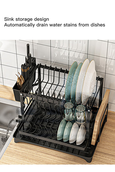 sharpdo Large Capacity Kitchen Double Layer Dish Storage Rack with Cutlery Rack and Draining Board Tray