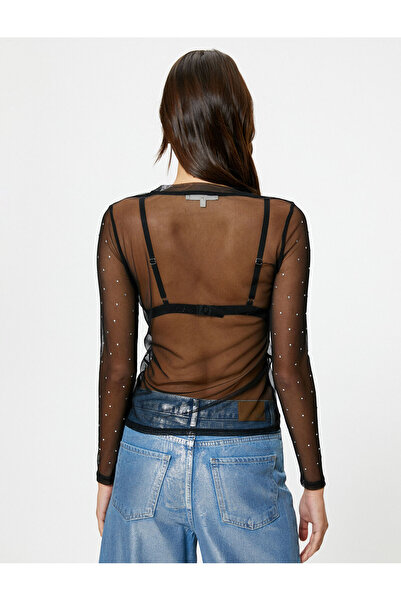 Koton Διαφανές μακρυμάνικο μπλουζάκι με λαιμόκοψη με γυαλιστερή πέτρα