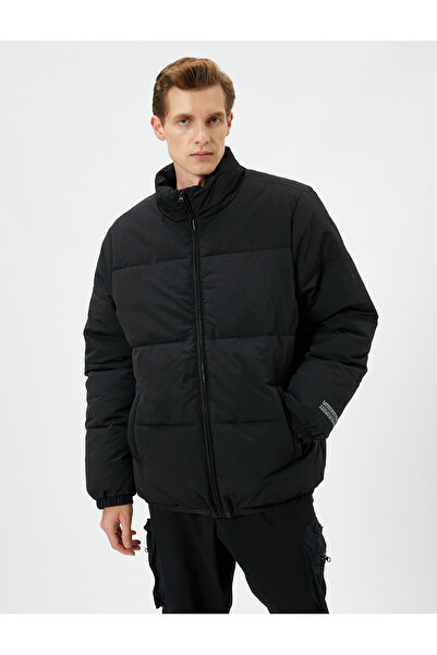 Koton Puffer Jacket Stand Collar Zipper Pocket Detailed Slogan Printed