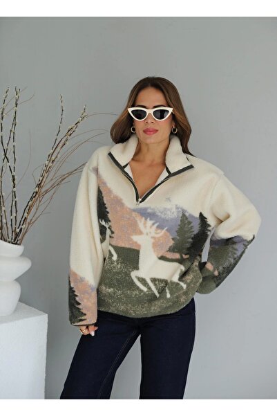 Purple by Banu Ekru Desenli Polar Sweat