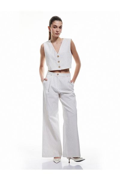 Koton Cotton Pocket Striped Wide Leg Fabric Pants