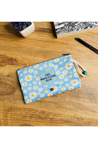 Gift Moda Mavi Papatya Tasarımlı Bez Kalemlik Cüzdan