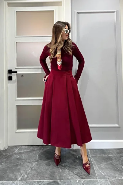 Banu Angay Pleated Detailed Flared Skirt Claret Red