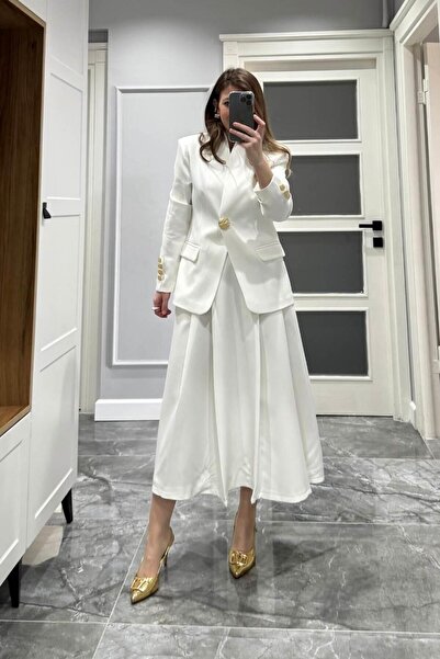 Banu Angay Baden Gold Buttoned Padded Jacket with Ornamental Pockets - White