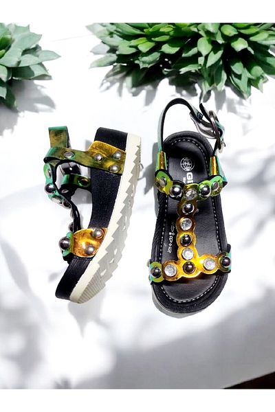 GEZER Summer Pearl and Stone Detailed Buckle Adjustable Sandals