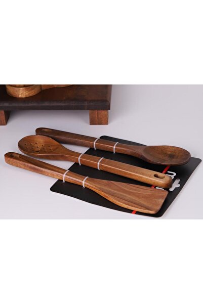 Atbyhome Atby Acacia Wood 3-Piece Kitchen Spoon Set Perforated Spoon Mixing Spoon and Spatula