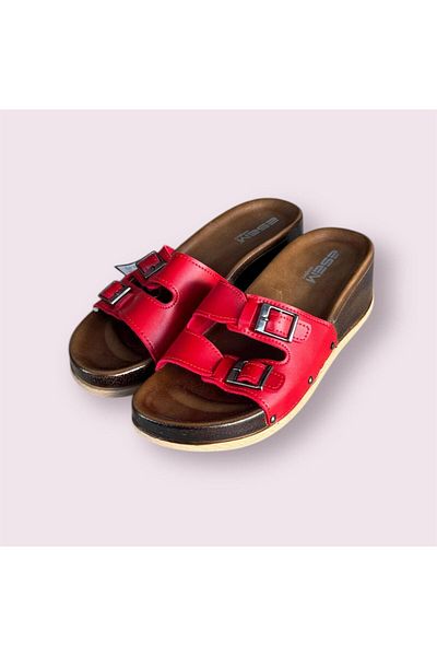 Esem Women's Red Wedges Double Buckle Slippers