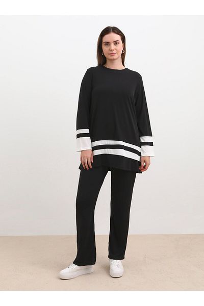 ALİA Μαύρο Plus Size Ριγέ Πλεκτό Σετ - Alia