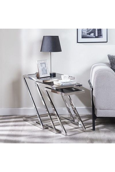 Danube Home Otter Nest Of Table  L65xW47xH55cm - Black Glass / Chrome