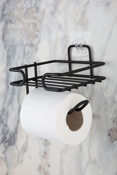 MultiStore Matte Black Toilet Paper Holder - Adhesive and Refillable Wc Holder Hanger