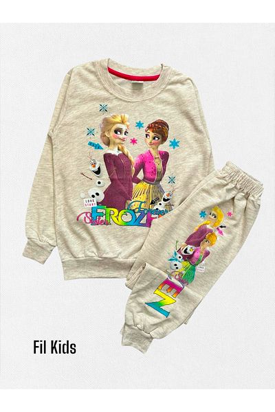 Fil Kids Κοριτσίστικο σετ μακρυμάνικη μπεζ πιτζάμες με μοτίβο Elsa και Anna
