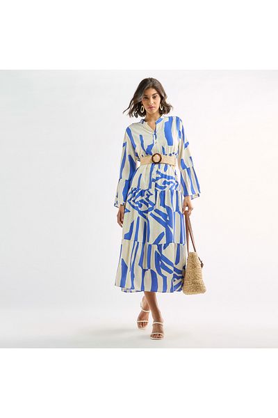 FAV Abstract Print Midi Dress With Mandarin Collar And Long Sleeves